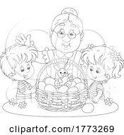 Cartoon Black And White Grandmother And Children With A Basket Of Easter Eggs