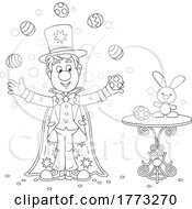 Cartoon Black And White Magician Juggling Easter Eggs