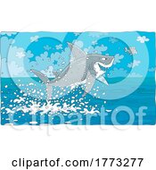 Poster, Art Print Of Cartoon Shark Jumping Out Of The Ocean To Catch A Fish