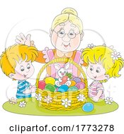 Cartoon Grandmother And Children With A Basket Of Easter Eggs