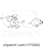 Cartoon Black And White Caveman Hunting A Boar