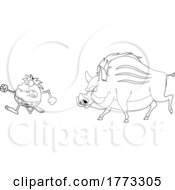 Poster, Art Print Of Cartoon Black And White Caveman Hunter Being Chased By A Giant Boar