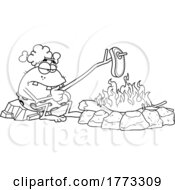 Cartoon Black And White Cave Woman Cooking A Steak Over A Fire