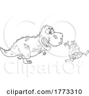 Cartoon Black And White Caveman Running From A Dinosaur