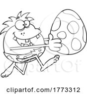 Cartoon Black And White Caveman Running With A Dinosaur Egg