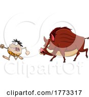 Cartoon Caveman Hunter Being Chased By A Giant Boar