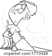 Cartoon Black And White Boy Sweeping Things Under The Rug by toonaday