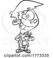 Cartoon Black And White Biology Boy Holding A Plant by toonaday