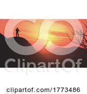 Poster, Art Print Of 3d Landscape With Silhouette Of Soldier Standing Guard On Hilltop Against A Sunset Sky