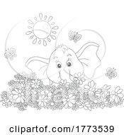 Cartoon Black And White Elephant With Flowers Butterflies And Sunshine
