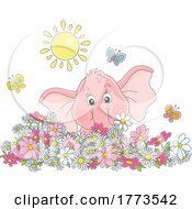 Poster, Art Print Of Cartoon Pink Baby Elephant With Flowers Butterflies And Sunshine