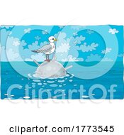 Cartoon Seagull On A Floating Ocean Mine Bomb