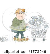 Cartoon Chubby Man Sweating And Pushing A Cart Of Food