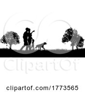 Poster, Art Print Of Silhouette Family People Walking Dog Park Outdoors