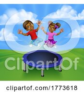 Kids Jumping On A Round Cartoon Trampoline