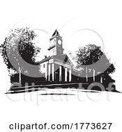 Woodcut Style Building With Clock Tower