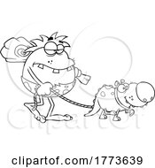 Cartoon Black And White Caveman Walking A Pet Dinosaur