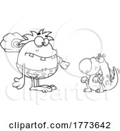 Cartoon Black And White Caveman And Begging Pet Dinosaur