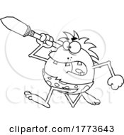 Cartoon Black And White Caveman Throwing A Hunting Spear
