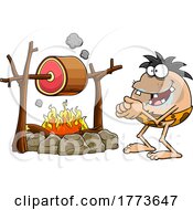 Cartoon Hungry Drooling Caveman Cooking Meat Over A Fire