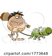 Cartoon Caveman Walking A Pet Dinosaur