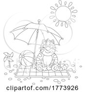 Poster, Art Print Of Cartoon Black And White Cat Sitting Under A Beach Parasol