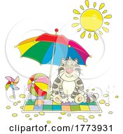Cartoon Cat Sitting Under A Beach Parasol