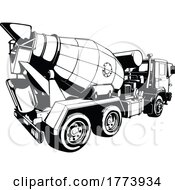 Black And White Rear View Of A Concrete Mixer Truck