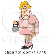 Poster, Art Print Of Hairy Blond Male Cross Dresser With Facial Arm And Leg Hair Wearing A Pink Dress And High Heels And Carrying A Purse