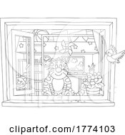 Poster, Art Print Of Cartoon Black And White Cat Bird Watching In A Window