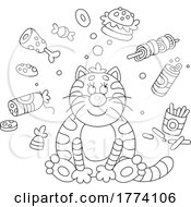 Poster, Art Print Of Cartoon Black And White Happy Fat Cat Thinking About Food