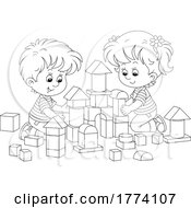 Cartoon Black And White Children Playing With Building Blocks
