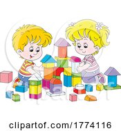 Cartoon Children Playing With Building Blocks
