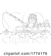 Cartoon Black And White Chubby Cat Fishing In A Raft