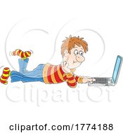 Cartoon Happy Man Using A Laptop On The Floor by Alex Bannykh