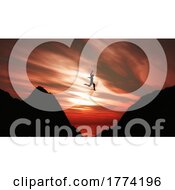 Poster, Art Print Of 3d Landscape With Silhouette Of Male Jumping Between Cliffs