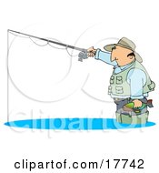 Middle Aged Cuacasian Man Wearing A Hat And Vest Wading In Water Holding A Fish And Fishing