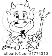 Poster, Art Print Of Cartoon Black And White Sitting Devil With A Trident