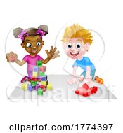 Cartoon Boy And Girl Playing With Car And Blocks