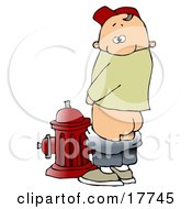 Poster, Art Print Of Mischievious Caucasian Boy Baring His Buns While Urinating On A Fire Hydrant And Looking Back At The Viewer