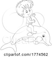 Poster, Art Print Of Cartoon Black And White Boy Riding A Dolphin