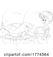 Cartoon Black And White Boy And Dolphin Playing With A Beach Ball