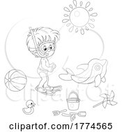 Cartoon Black And White Boy Playing With Beach Toys