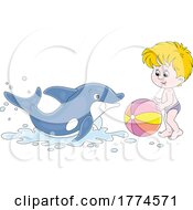 Poster, Art Print Of Cartoon Boy And Dolphin Playing With A Beach Ball