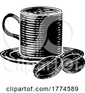 Coffee Beans And Cup Vintage Woodcut Illustration