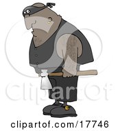 Hairy African American Man An Executioner Wearing A Band Around His Eyes And Carrying An Axe Clipart Illustration