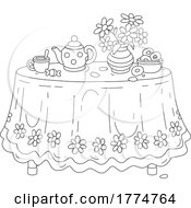 Poster, Art Print Of Cartoon Black And White Spring Table With Tea Flowers And Donuts