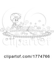 Cartoon Black And White Boy Playing With A Train Set