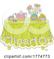 Poster, Art Print Of Cartoon Spring Table With Tea Flowers And Donuts