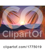 3D Tropical Landscape With Palm Trees Against A Sunset Ocean